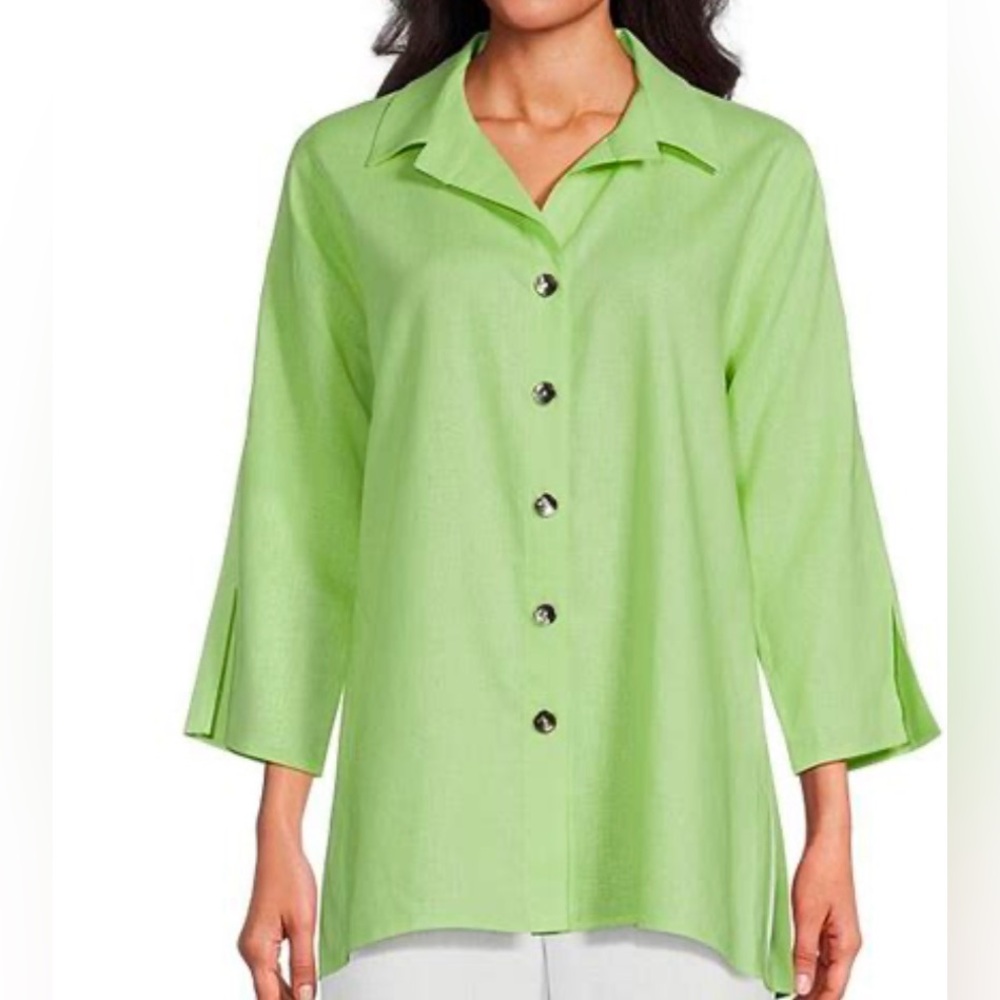 Caroline Rose Linen-Blend Point Collar 3/4 Sleeve Button-Front Breezy Shirt